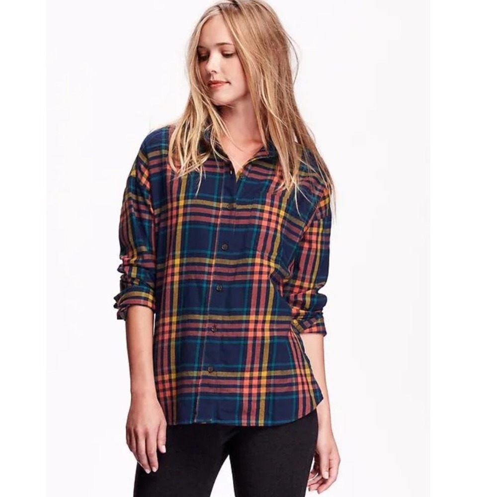 Old Navy Rainbow Plaid Flannel Shirt Women's Small Boyfriend Button Down